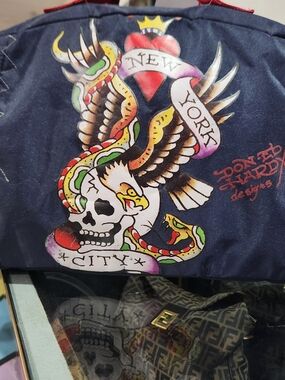 Ed Hardy Navy Duffel Bag with Multicolor Tattoo Graphic